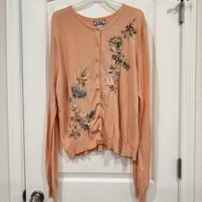 VTG TIARA International Women Sweater Size Large Peach Cardigan Embroidered