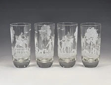 Set of 4 RARE Heisey Glass Fox Chase Hunt Scene Etched Highball Glasses Vintage 