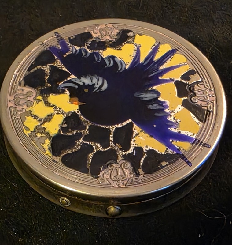 Antique Art Nouveau Silver Enameled Blue Bird Ladies Compact 1917