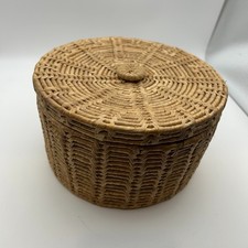Vintage Round Wicker Basket With Lid Woven Natural Light Brown 7" Boho Farmhouse