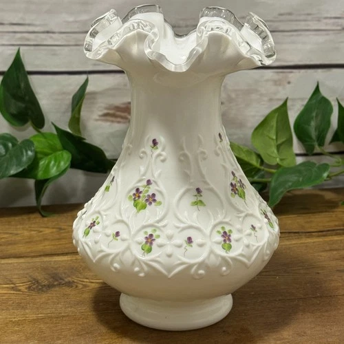 Fenton Milk Glass Silver Crest Spanish Lace Hand Painted Violets Vase Signed VTG
