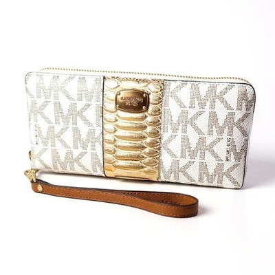 Michael Kors Center Stripe Vanilla & Gold Travel Continental Wristlet Wallet