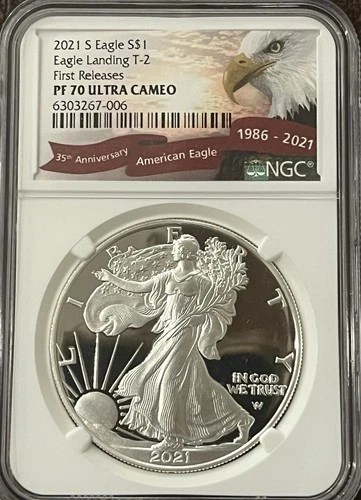 2021 (S) American Eagle $1 Eagle Landing T-2 First Day Of Issue Pf70 Ultra Cameo