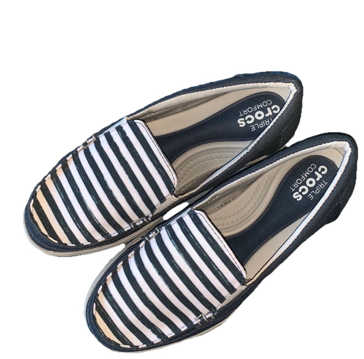 Crocs Triple Comfort Navy White Canvas Stripe Slip-On Loafers Womens Size 6-image