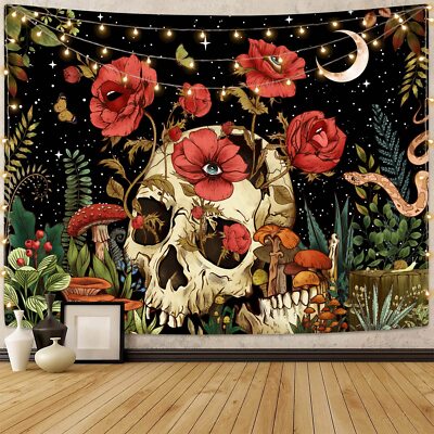 Skull Floral Tapestry Mushroom Skeleton Goth Garden Aesthetic Tapestries for ...