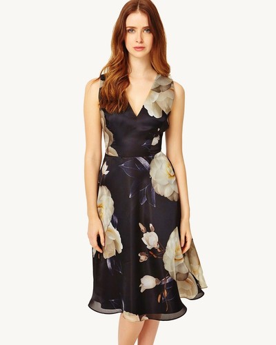PHASE EIGHT CHARLIZE BLACK FLORAL 50'S MIDI SILK ORGANZA DRESS 8 NWOT £160 - Picture 2 of 4