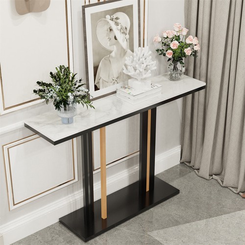 Console Table Hall Side Entry Display White Desk Narrow Long Marble Tabletop - Picture 2 of 12