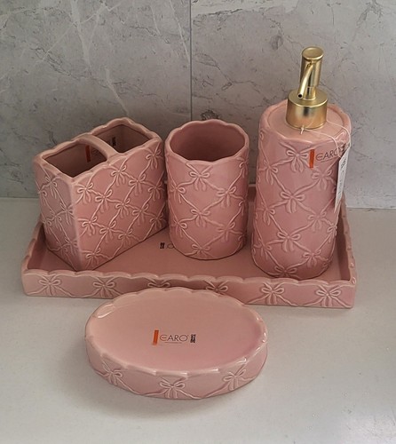 Tk Maxx 5 Piece Pink Bow Bathroom Set Dispenser*tray*Soap*beaker*toothbrush New - Picture 3 of 12