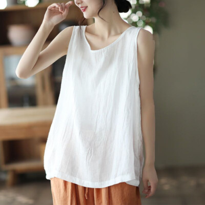 Women Summer Tank Vest Shirt Cotton Linen Sleeveless O-Neck Tops Cami Blouse
