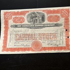 USA RAY HERCULES COPPER COMPANY stock certificate 1920 MAINE