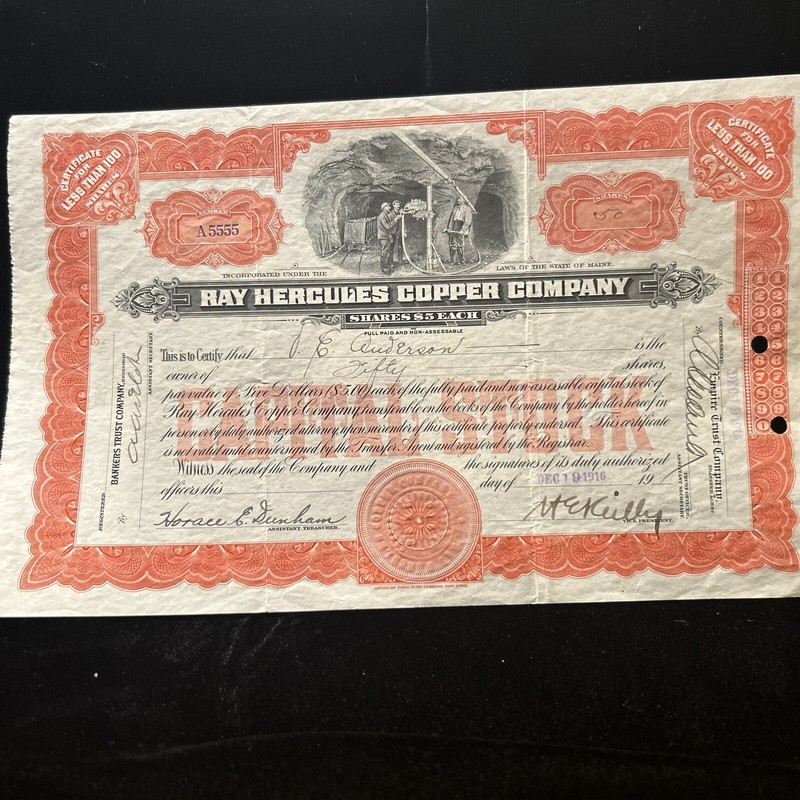 USA RAY HERCULES COPPER COMPANY stock certificate 1920 MAINE