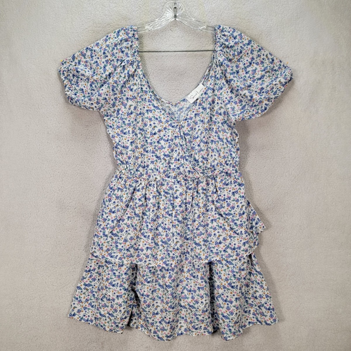 Blue Floral V Neck Ruffle Tiered Flowy Babydoll Sexy Western Womens Dress  Size L
