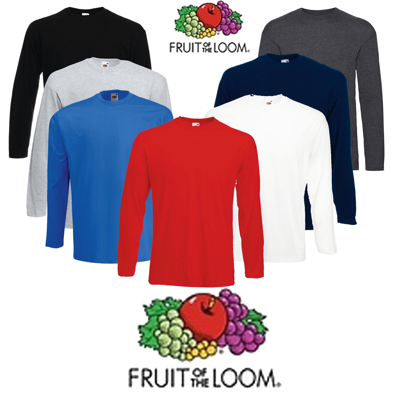 1 3 5 Pack Fruit of the Loom Long Sleeve T Shirt Plain Tee Shirt Top ...