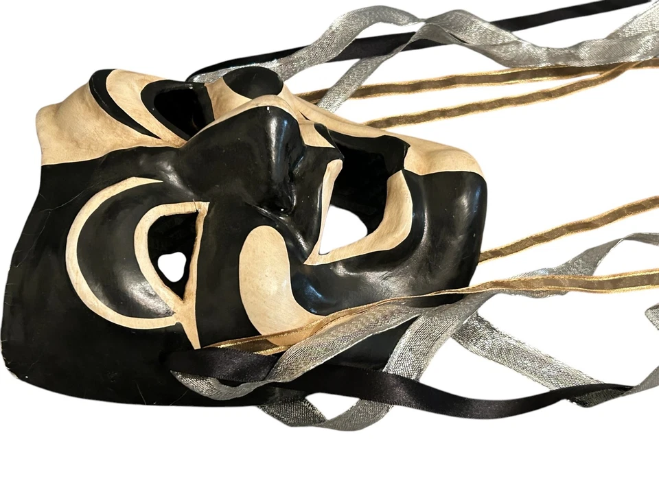 Classic Vtg Venetian Black and White Comedy Mask Hand Made Silver Gold Ribbons - Image 4 of 4