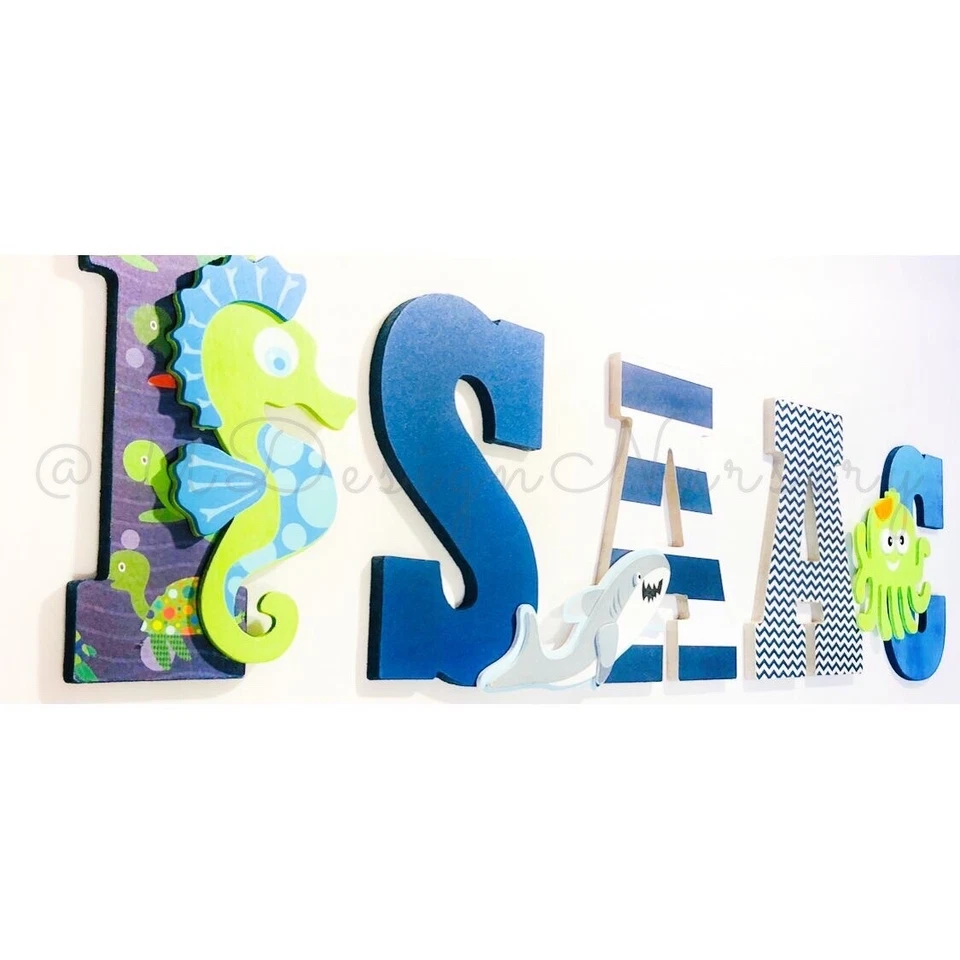 Ocean Themed Wooden Nursery Letters - Custom Shark Ocean Themed For Kids Room - Image 4 of 4