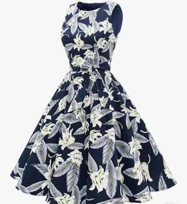 Bery Love Vintage Looking Retro Navy Blue Floral Dress - Small - New | eBay