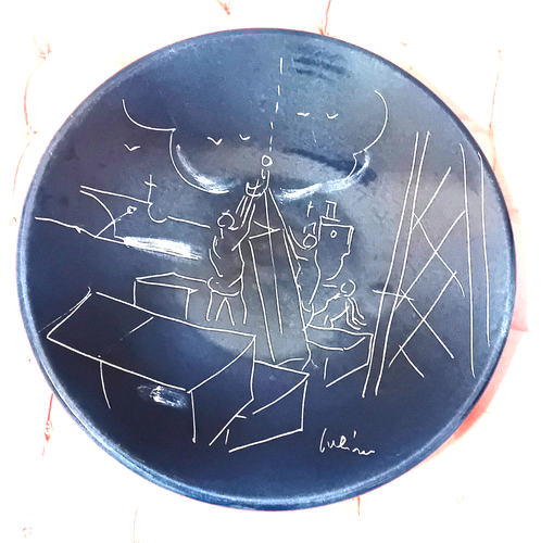 E.Salino 70's San Giorgio Albisola Ceramic Plate Diam. 25 cm, fishing start