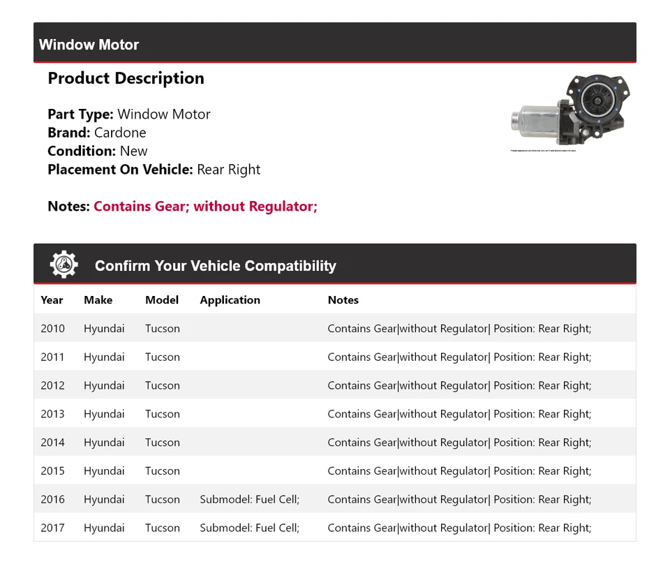 Для 2010-2017 Hyundai Tucson окно мотор задний правый Cardone 2011 2012 2013 2014 - Изображение 2 из 4