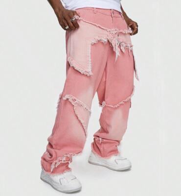 Men's Pink Cotton Denim Jeans Patch Tassels Straight Leg Fashion Pants Punk  New