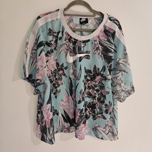 Nike Crop T-Shirt Womens 3X Blue Floral Clash Mesh Logo Athletic Breathable 3XL