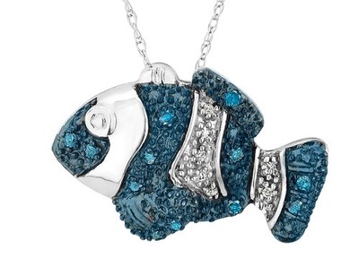 Weiße und blaue Diamant Fisch Anhänger Halskette 1/10 in Sterlingsilber mit Kette