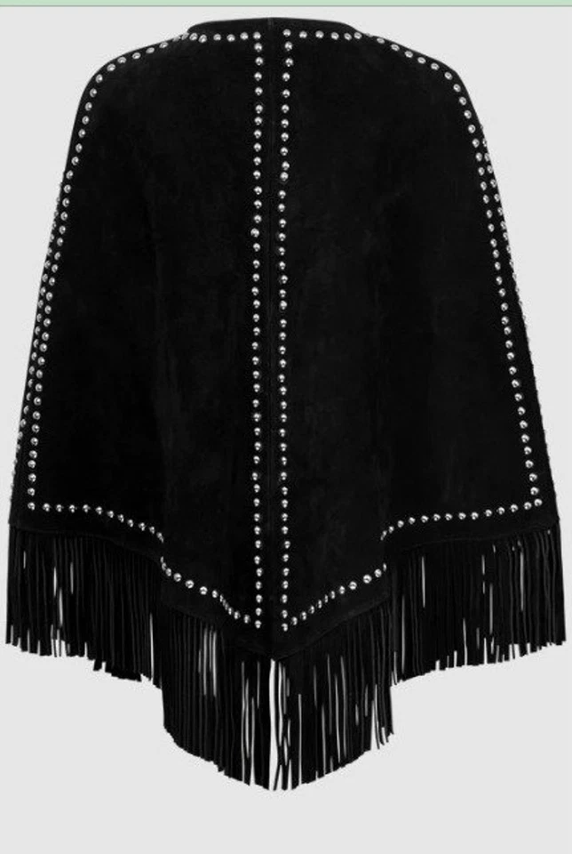 Capa con flecos de gamuza tachonada para damas, traje boho de vaquera hecha a mano para usar occidental Foto 2 de 4