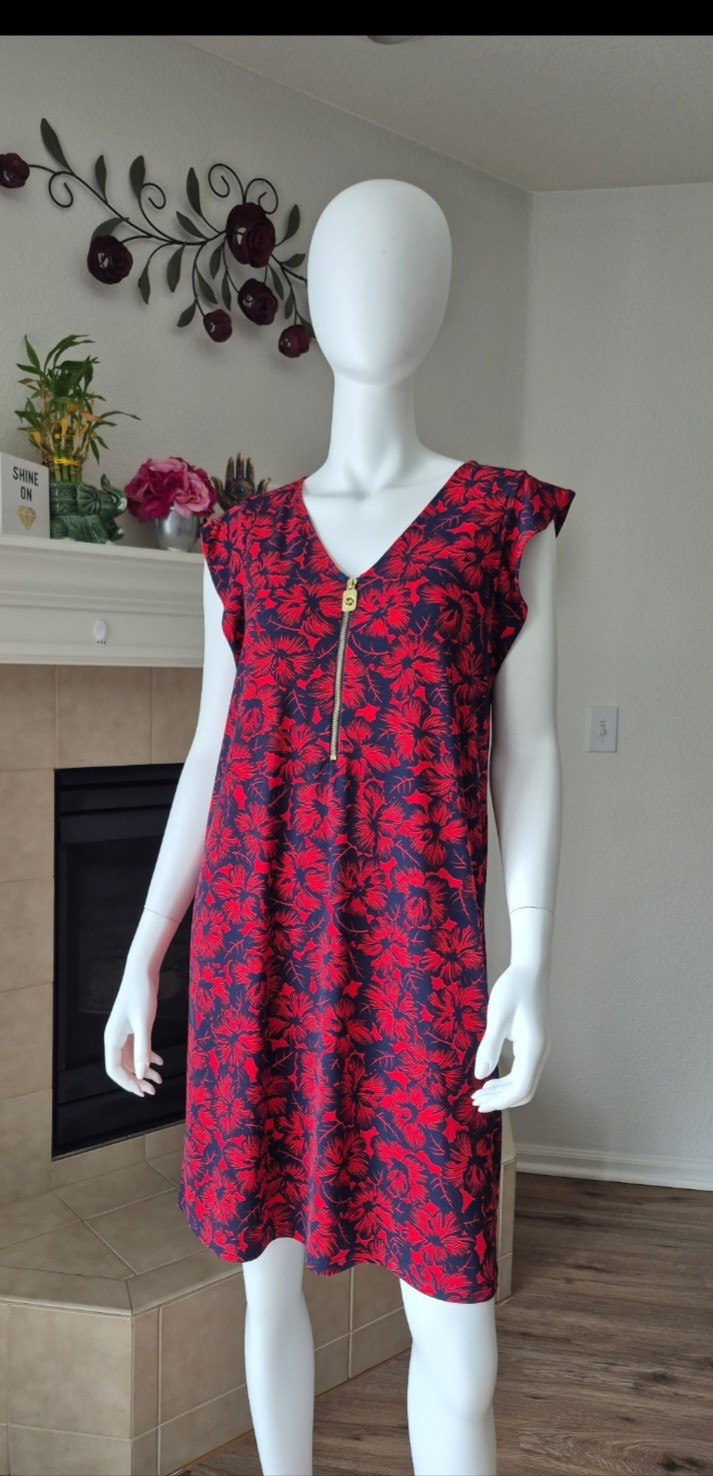 Michael Kors Red Navy Floral Shift Dress Zip V-Neck Sleeveless Size M