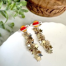 Gold Planet Star Earrings Outer Space Universe Astronomy Solar System Dangle NEW
