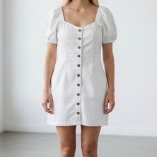 Madewell Linen-Cotton Puff-Sleeve Mini Dress Cream size 10