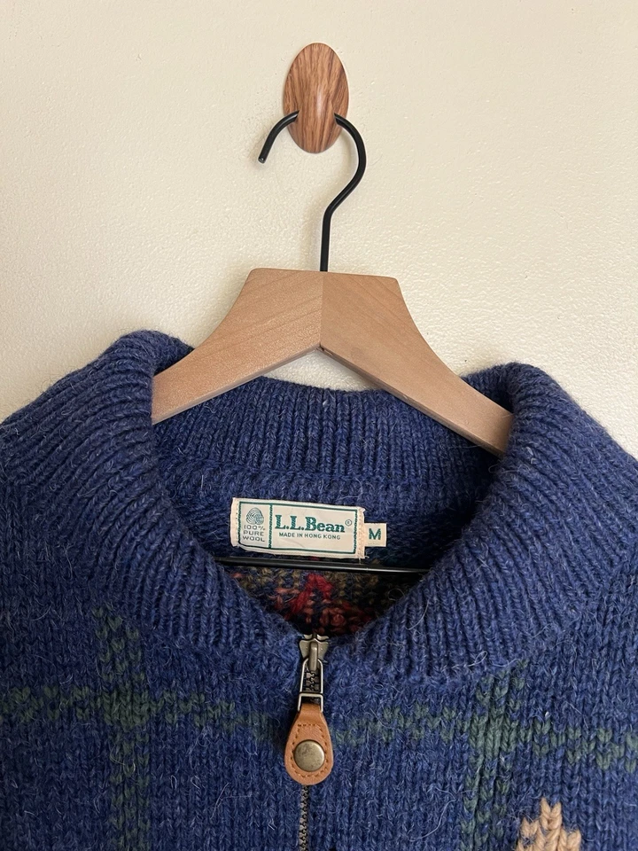 VTG L.L.Bean Animal Pattern Half-Zip Knit Sweater Size M Blue Mens 80s Vintage - Image 4 of 4