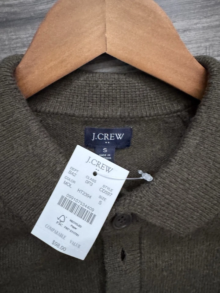Suéter J.Crew Para Hombres Pequeño Verde Cuello Polo Tejido Mezcla Lana de Cordero Pullover Foto 2 de 2