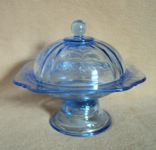 VINTAGE Indiana BLUE MADRID DEPRESSION GLASS PEDESTAL Candy Compote Butter Dish!