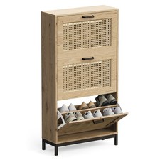 Shoe Storage Cabinet for Hall, Rattan Light Wood Effect Shoe Cupboard, Vonhaus