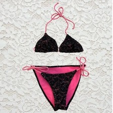 vintage pink black lace beaded bikini set