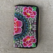 Women  s Floral Embroidered Zip-Around Wallet Black/Multicolor, Card Slots