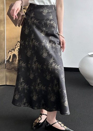 New Women’s Fashion Retro Chinese Print Satin Skirt High Waist Slim A-Line Skirt - Picture 8 of 9