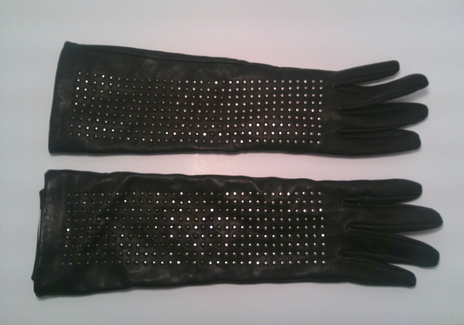 14" Brian Atwood Neiman Marcus  SOFT Black Leather Studded Gloves M
