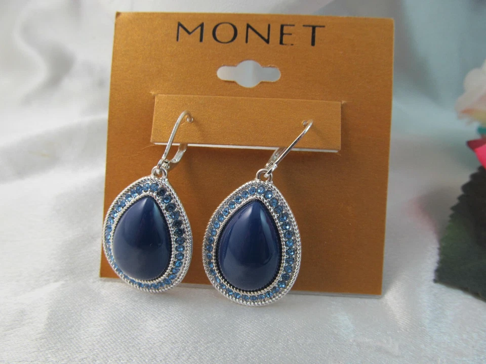 PENDIENTES COLGANTES LÁGRIMA ASPECTO "LAPIS" AZUL PLATA Y CRISTAL AZUL NUEVOS CON ETIQUETAS Foto 2 de 4