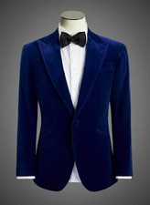 Men Royal Blue Smoking Jackets Black Velvet Lapel Designer Wedding Blazer Coat
