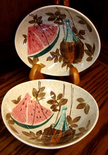 Set (2) Red Wing Tampico 6.5" Soup/Cereal Bowls MCM Watermelon Fruit USA     K19