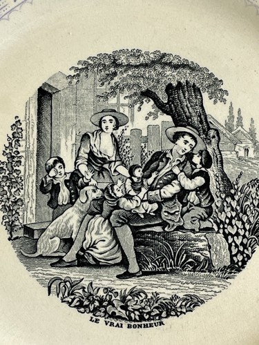 Antique 2-Color Transferware Plate HB Choisy Le Roi, Le Vrai Bonheur, French - Picture 2 of 7