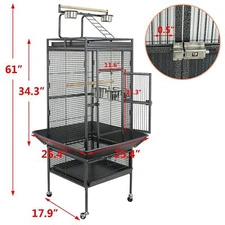 61" Large Bird Cage Playtop Wrought Iron Parrot Cage with Rolling Stand Black 