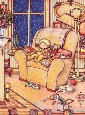 COZY Fire Winter Evening Baby -Handcrafted Fridge Magnet-W/Mary Engelbreit art