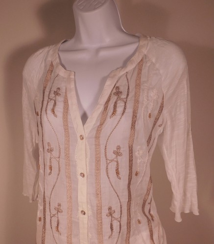 TINY BY ANTHROPOLOGIE Women's Ivory Cotton/Silk Embroidered 3/4 Sleeved Butto... - Picture 2 of 4