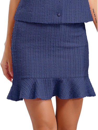 Women Tweed Ruffled Hem Pencil Skirt High Waist Bodycon Mini Costume Party - Picture 69 of 109