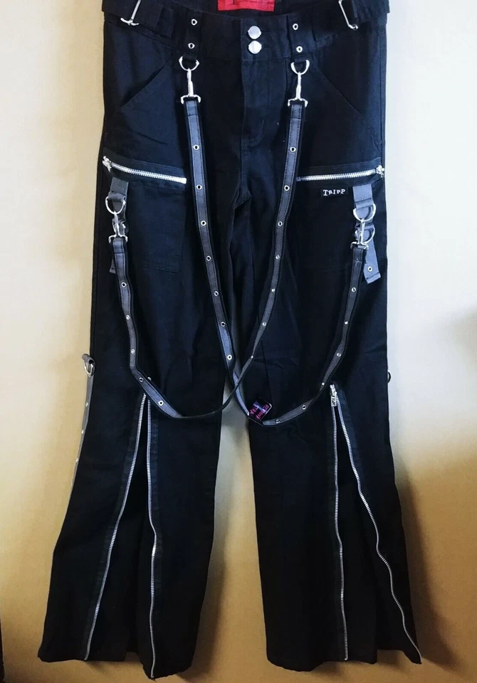 Tripp New/Vtg Women Black Goth Steampunk Punk Pants w/Zippers Straps Sz 3 AF946H