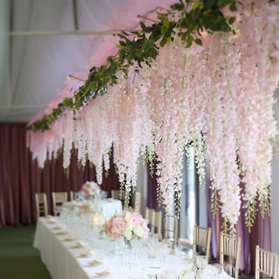 Hanging Faux Pink Wisteria Wedding Floral Decor - 24 pcs, 72 Branches Total