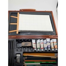 Wooden Art Supply Carrying Case w/ Paints, Brushes  Pencils
