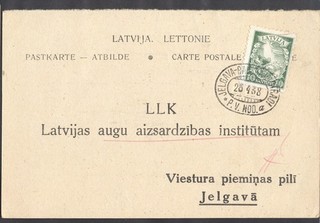 13930 Latvia 1938 Special postcard answer part with mail van postmark "Jelgava B