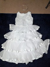Girls' White Layered Ruffle Dress with Tiara for Flower Girl, Communion,and prom